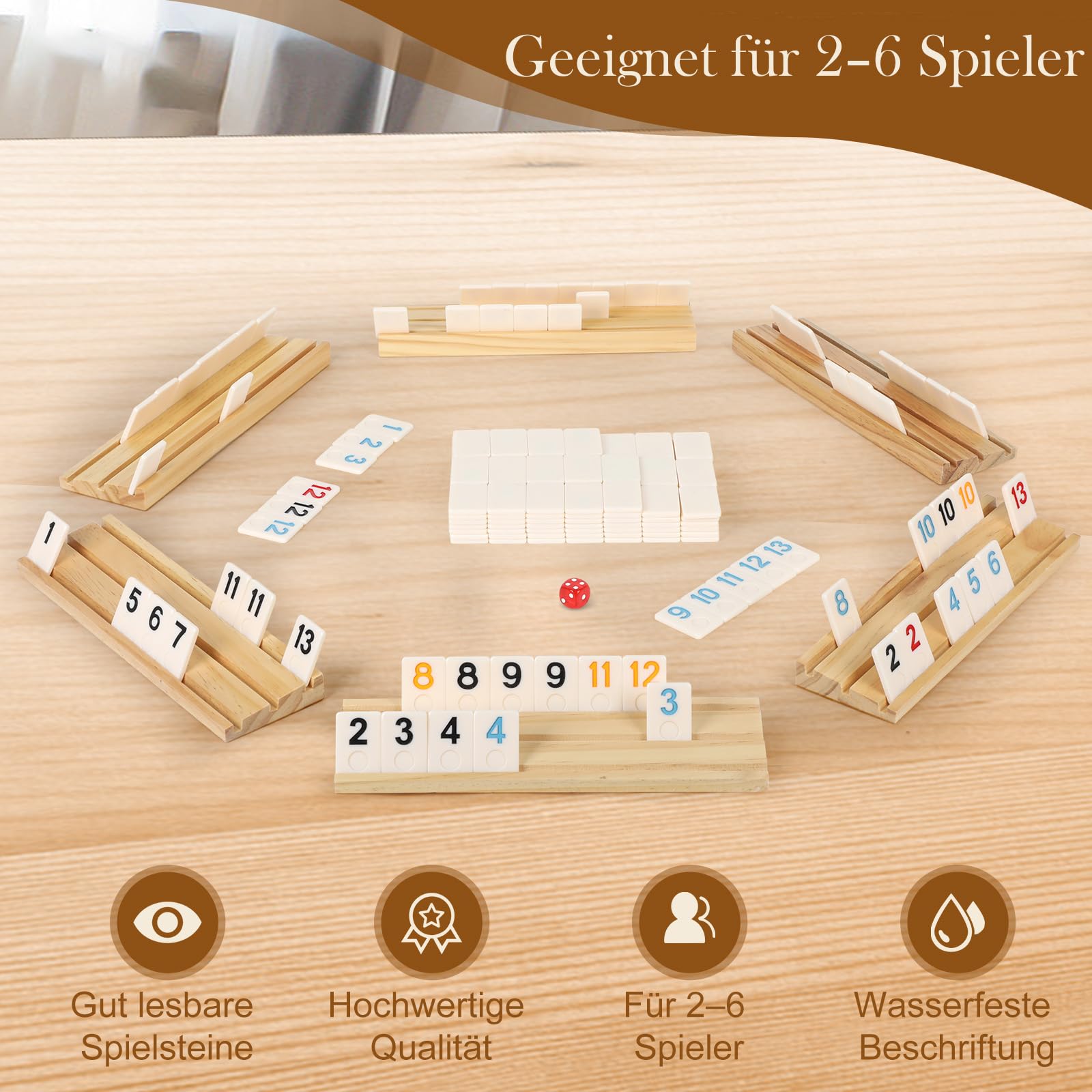SOOPOTAY Rummy Cup - Gioco da tavolo per 2-6 giocatori, 160 piastrelle in melamina, 6 supporti in legno, custodia premium e sacchetto, gioco da viaggio per adulti