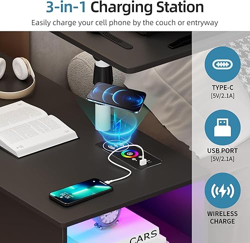 Miniatura 4 de Gurexl Mesita de noche LED de 360 con estación de carga inalámbrica, mesita de noche ajustable movible con bandeja para portátil, soporte de noche