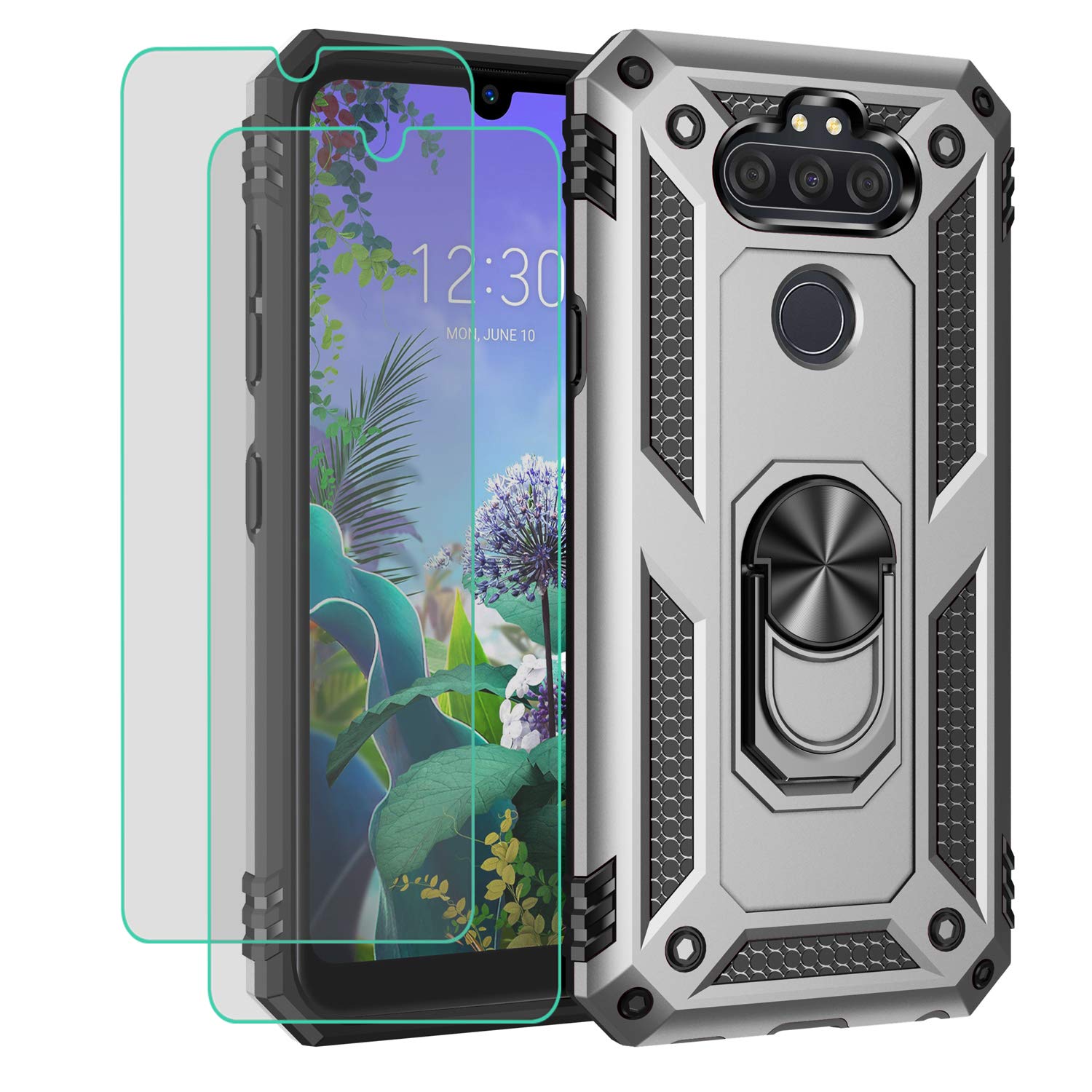 Rebex Compatible with LG Aristo 5 Case Cover,for Aristo 5+,K31,with Tempered Glass Screen Protector [2Pack], Tough Heavy Protective Ring Kickstand Holder Grip Magnetic Heavy Duty Shockproof (Silver)