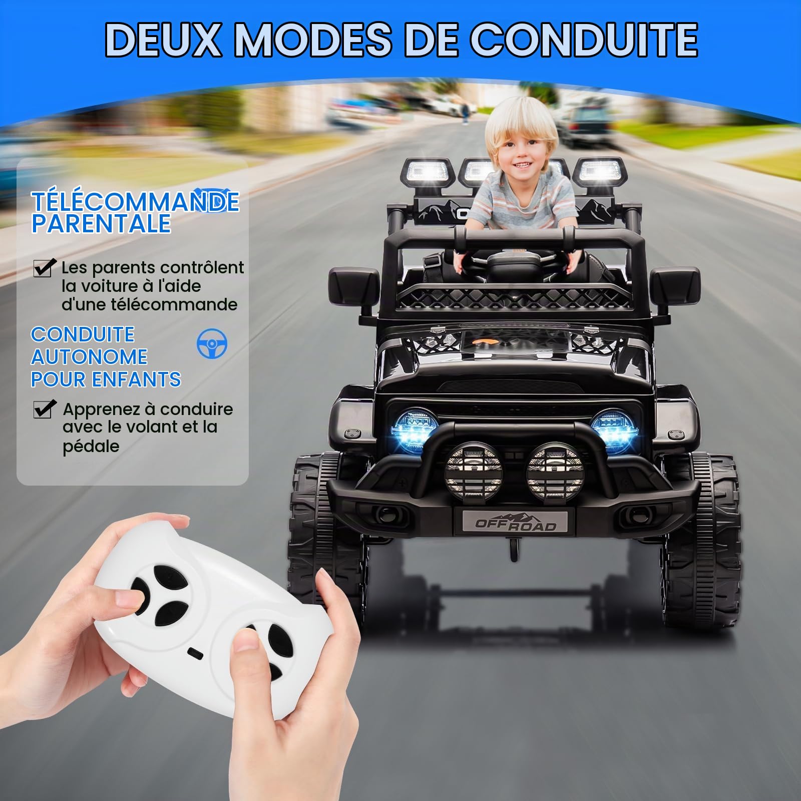 Voiture Électrique Enfant 12V - Quad avec Télécommande Parentale, 3 Vitesses, Phares LED, Klaxon, MP3, Ceinture Sécurité, sans Fil - Cadeau Fille Garçon 3-8 Ans, Noir