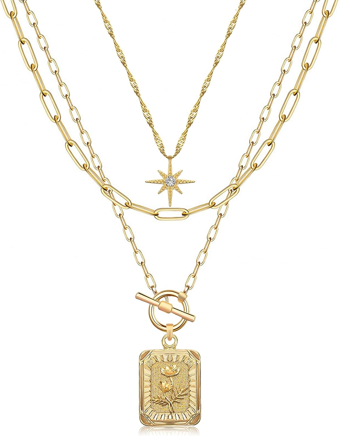 MJartoria Layered Necklaces for Women Trendy, 14K Gold Plated Brass Simple Star Choker Square Birth Flower Necklace, Paperclip Chain Necklaces Jewelry Gifts
