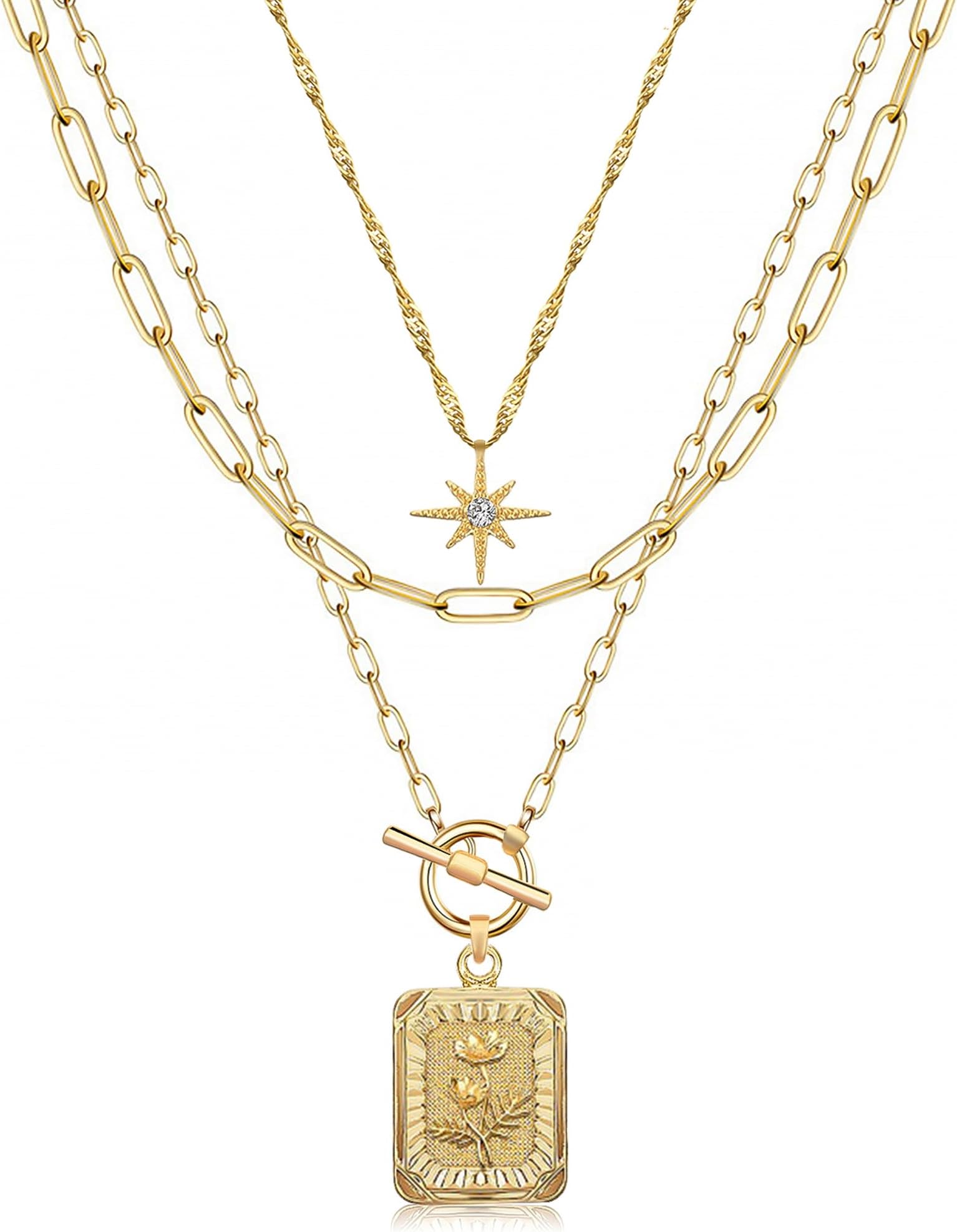 MJartoria Layered Necklaces for Women Trendy, 14K Gold Plated Brass Simple Star Choker Square Birth Flower Necklace, Paperclip Chain Necklaces Jewelry Gifts