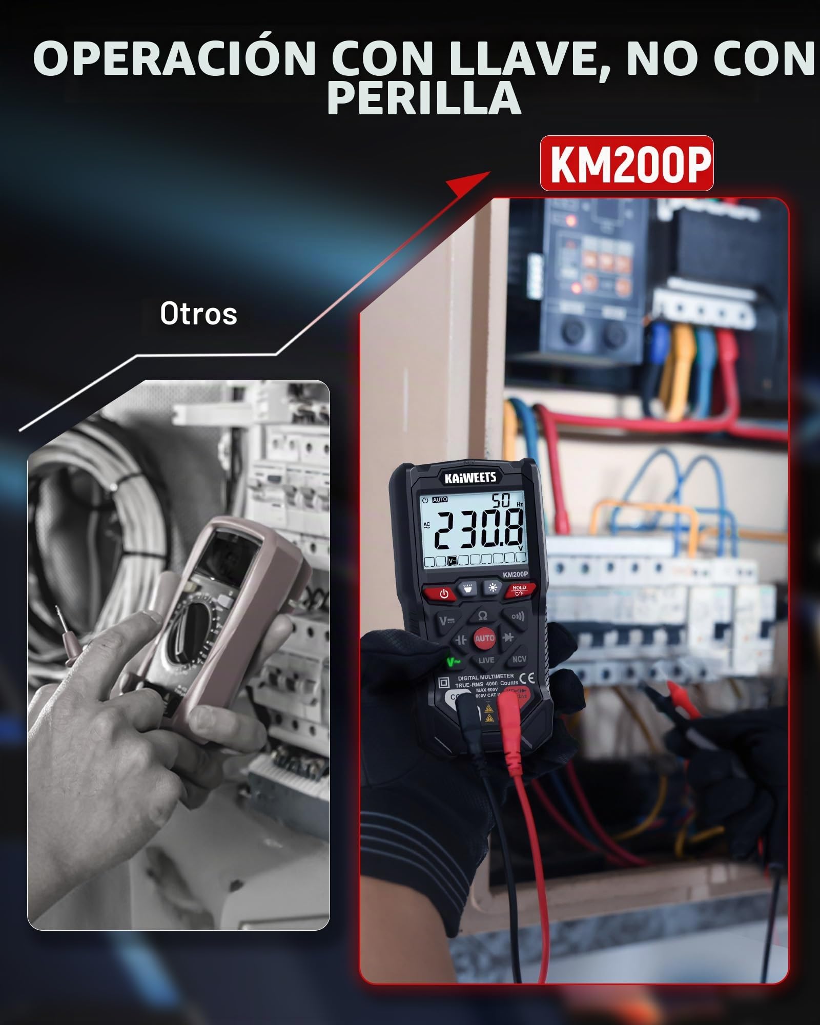 Multímetro Digital KAIWEETS con Control por Botones, 4000 Cuentas, Selección Automática de Rango, TRMS, Función NCV y Prueba de Cable Vivo, Mide Tensión CA/CC, Resistencia, Continuidad y Capacidad