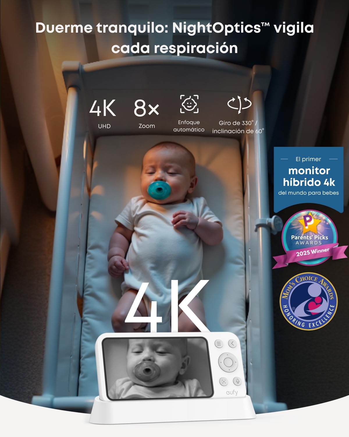 eufy Security E21 Monitor para bebés con cámara 4K UHD, Pantalla de 5, resolución 720p, conexión Wi-Fi y sin Wi-Fi, Control por App y Monitor, Giro e inclinación, Zoom 8X, batería integrada, ANR