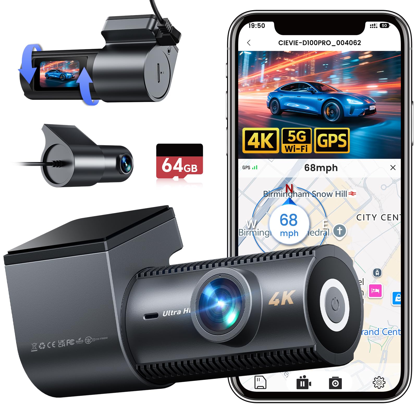 CIEVIE Dashcam Auto Vorne Hinten 4K+1080P, 5.8GHz WLAN Dashcam mit 170° Weitwinkel, Dashcam mit 64GB SD Karte, G-Sensor & 24h Parküberwachung, Mini Dashcam Auto mit Nachtsicht und 1,5″ Display