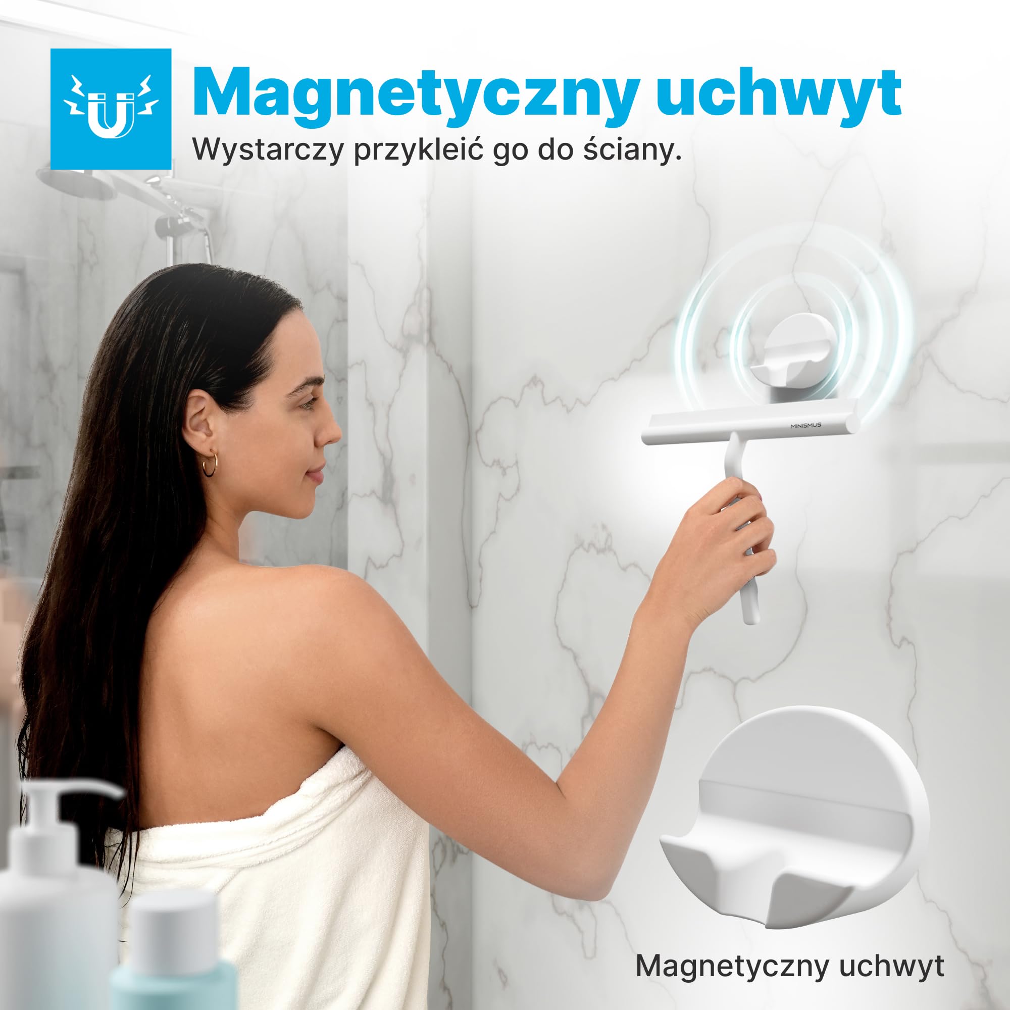 Minismus Szczotka do szyby do prysznica, łazienki, płytek, luster, okien, w zestawie uchwyt magnetyczny bez wiercenia, samoprzylepny, nowoczesny design (Biały, 28 cm)
