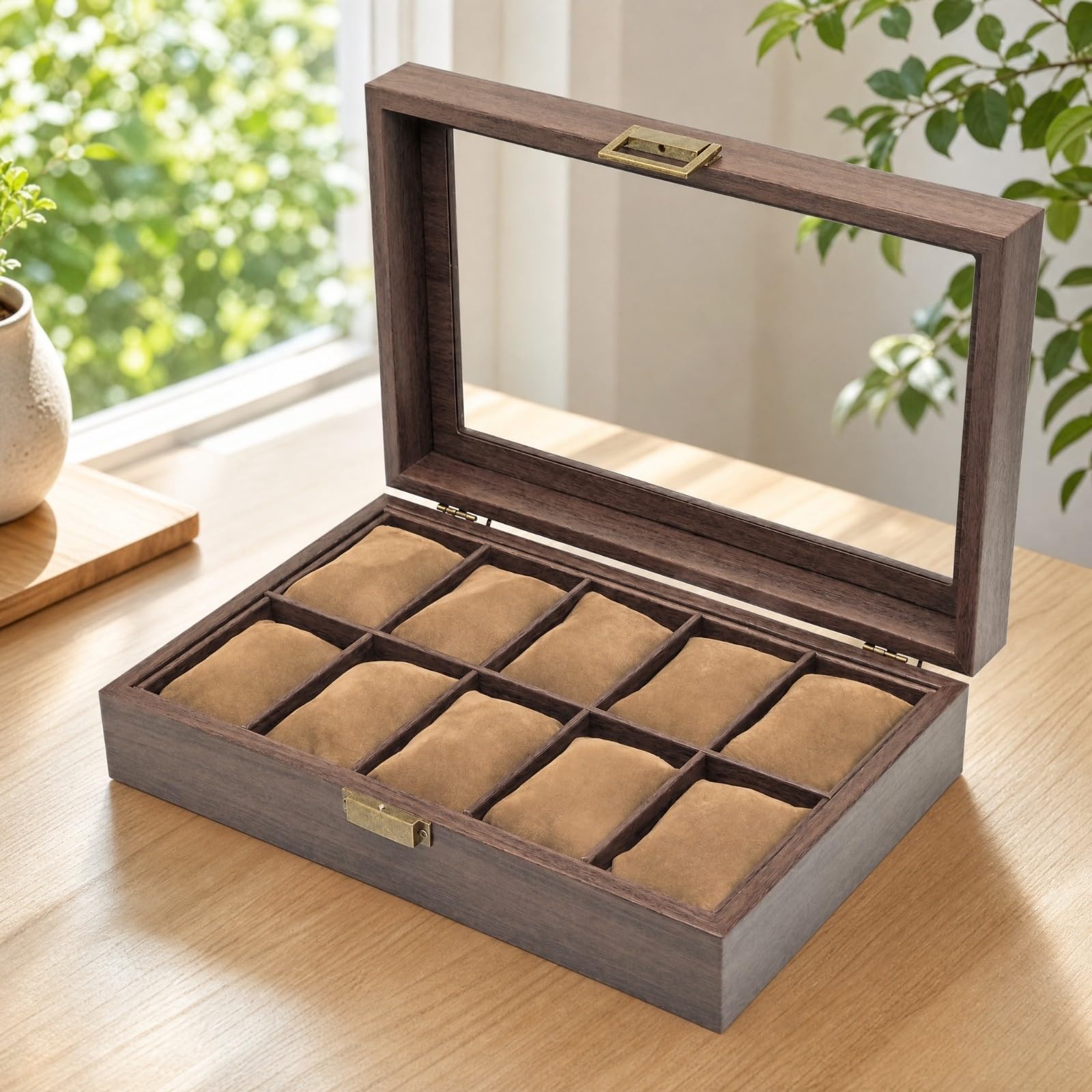 Perfeclan Organizador Relojes con 10 Compartimentos Versátil Caja Relojera con Vidrio Seguro Estuche Expositor Almohadillas para Armario