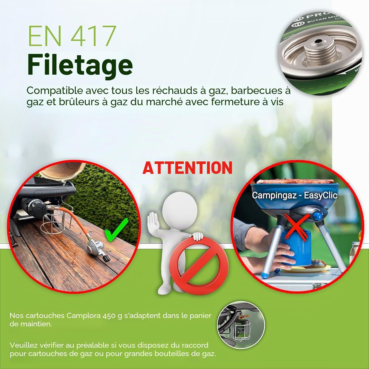 CAMPLORA Lot de 4 cartouches de gaz de 450 g compatibles avec barbecue à gaz Weber série Q100/1000, propane et butane, cartouche à visser avec filetage pour réchaud de camping, cartouches de gaz