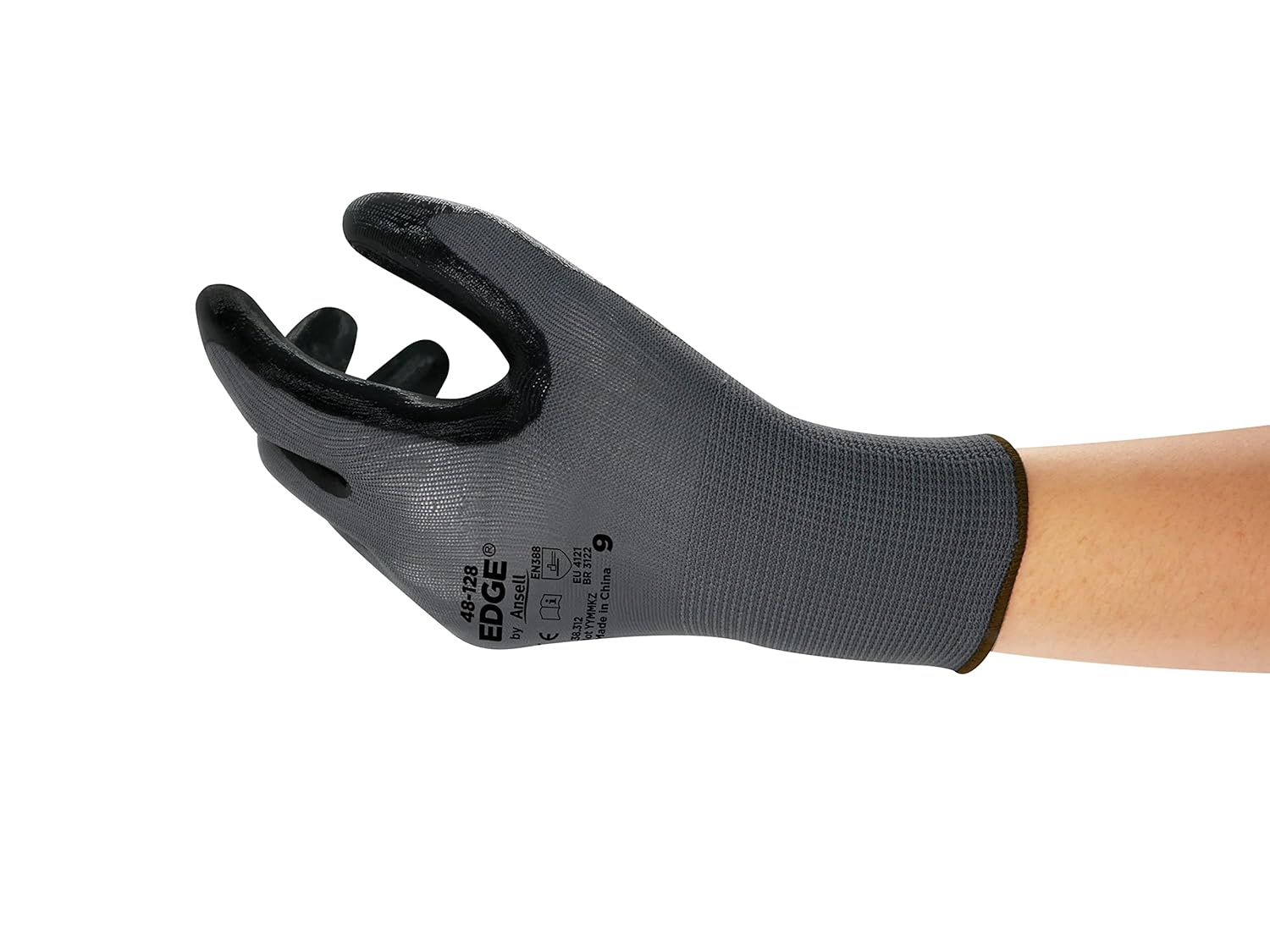 Ansell EDGE 48-128 Knitted Nitrile Coated Industrial Gloves w/Palm Coating for Automotive, Machinery - Large (9), Black (12 Pairs)