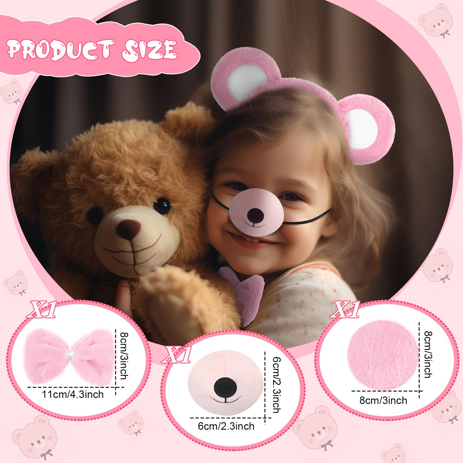Harrycle Bear Cosplay Set Bear Ears Headband Bowtie Nose Tail for Carnival Costume Supplies(Light Pink) - Image 3