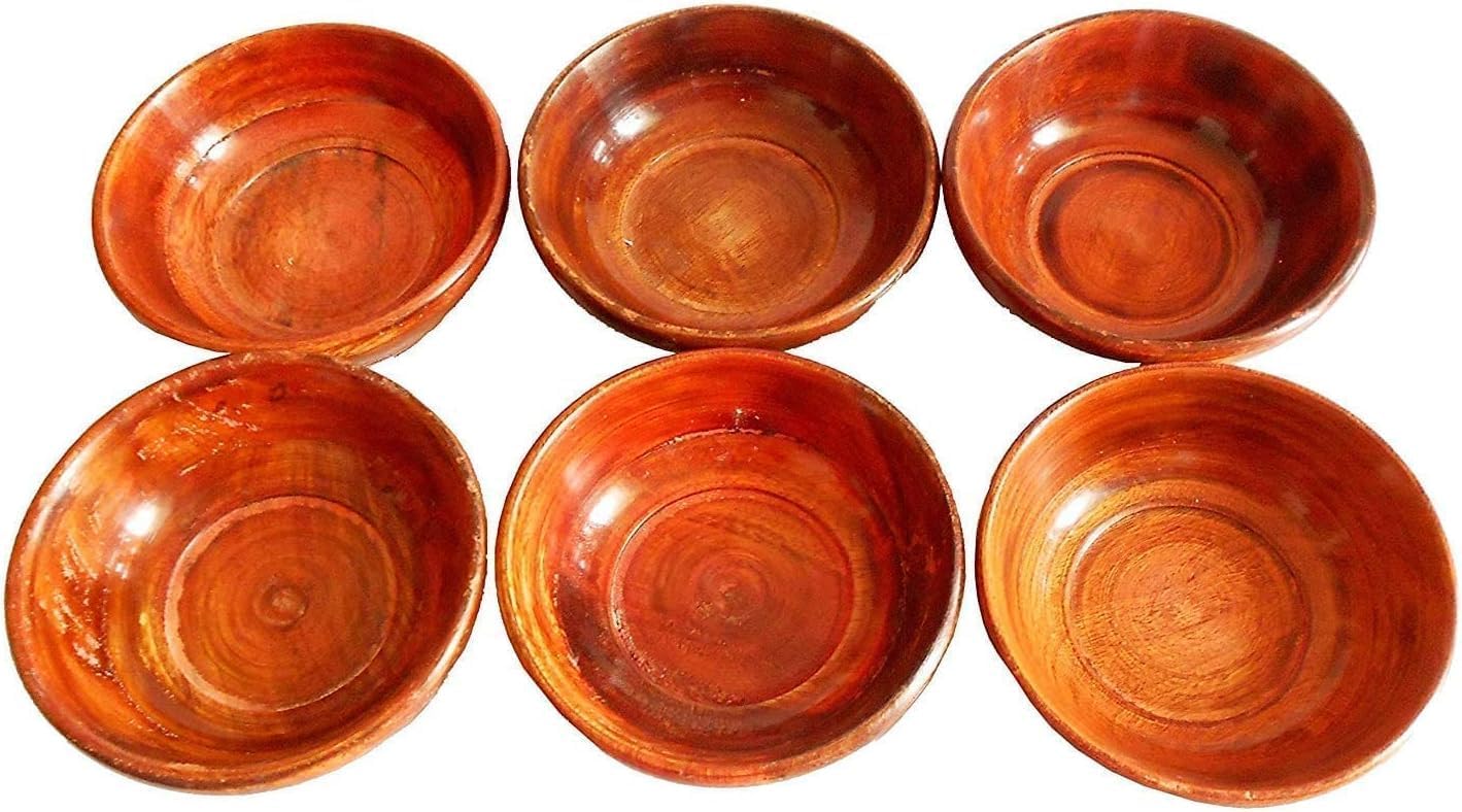 Wooden Serving Bowls, Set of 6, Traditional Brown, Round Design