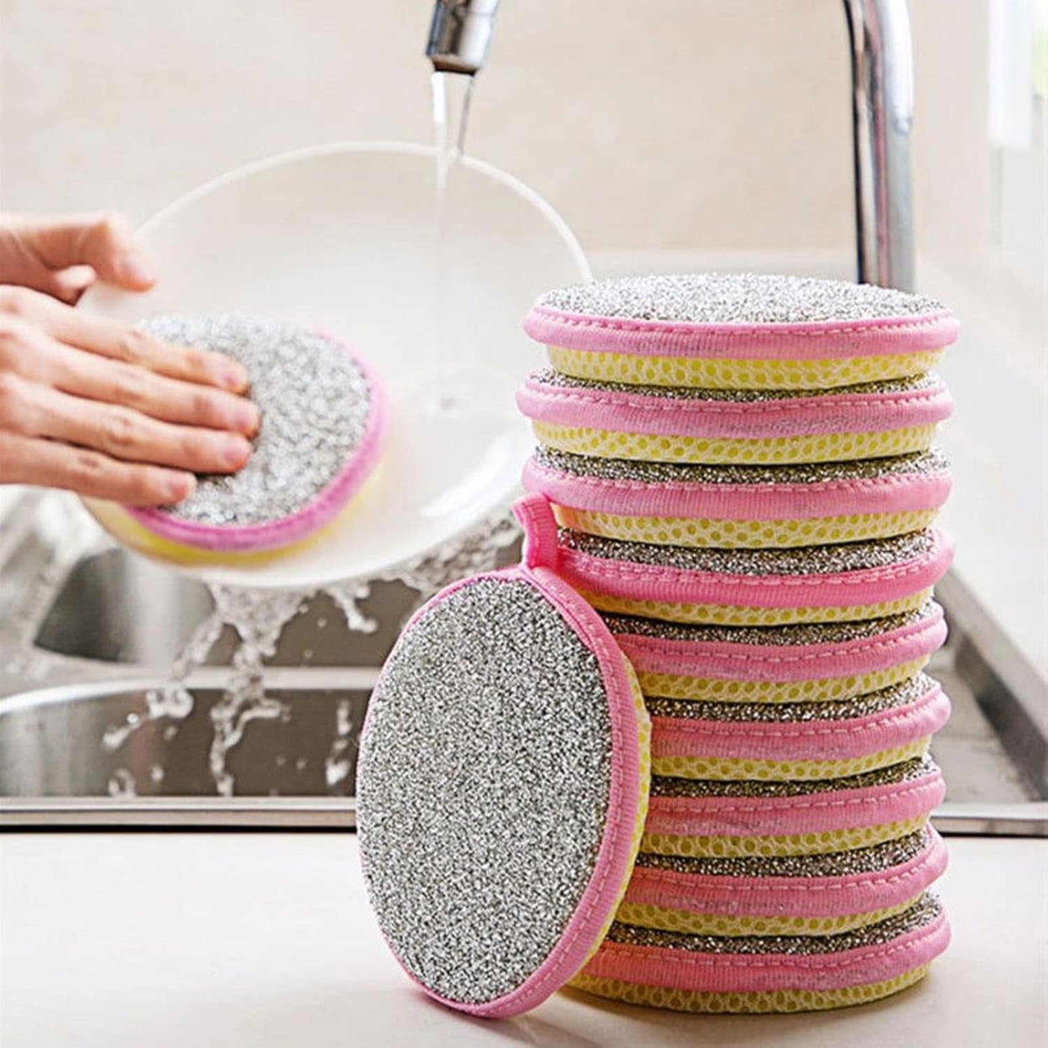 SHUTTLE ART 5 Pcs Washing Dishes Sponges Double-Sided Dishwashing Sponge Scrubber Round Non-Scratch Scrub Sponges Pads Kitchen Cleaning Tools for Dishes, Pots, Pans, Sink, Basin-image-12