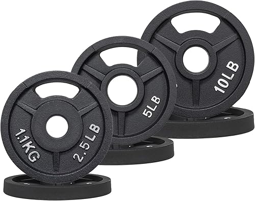 Signature Fitness Placa de peso de hierro fundido para entrenamiento de fuerza y levantamiento de pesas, estándar u olímpico, varios tamaños