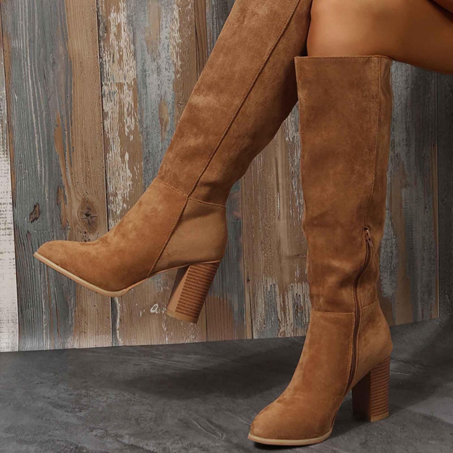 Womens High Heel Round Toe Side Zip Boots Casual Thick Heel Tall Footwear