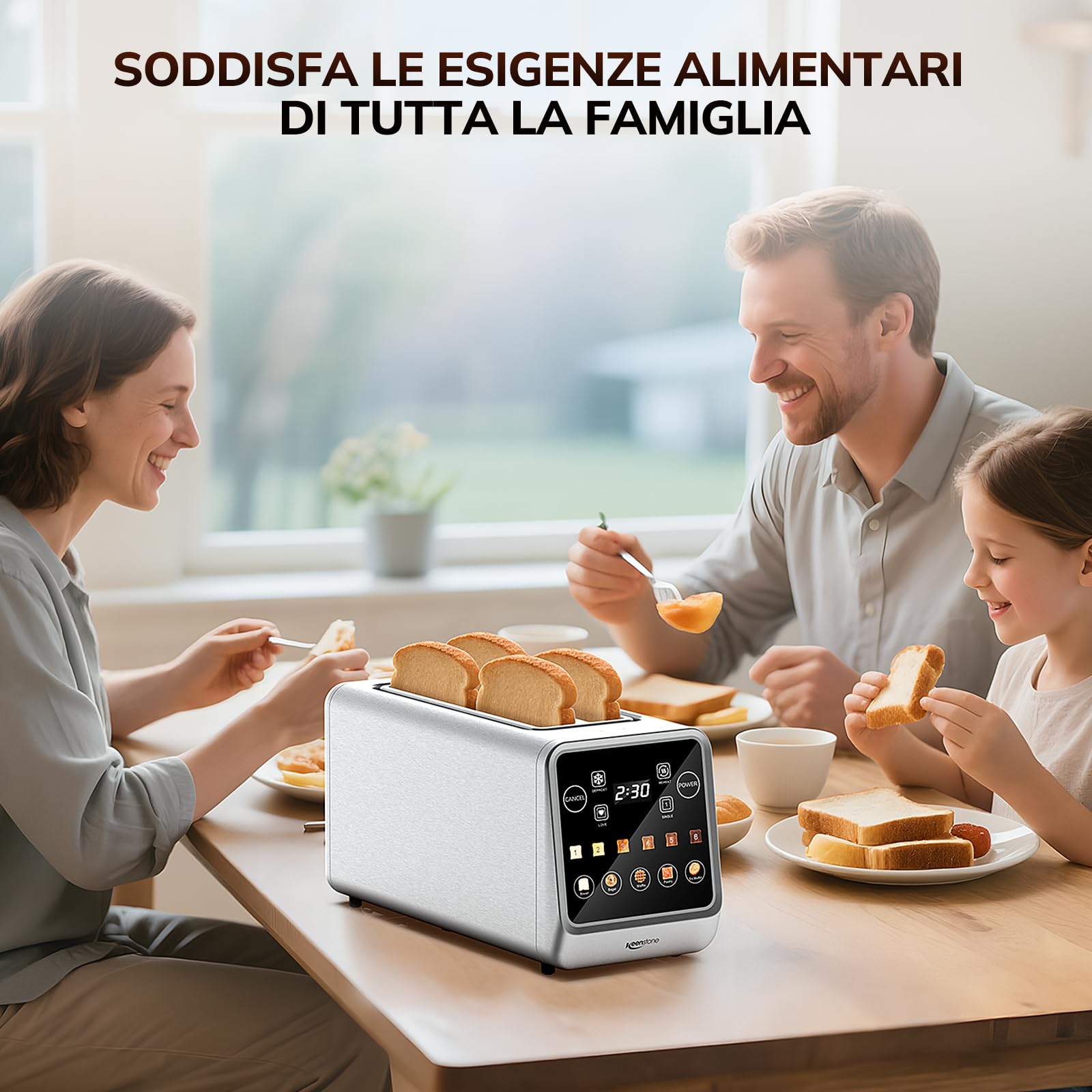 Keenstone Tostapane 4 fette, LED Display Touch screen e funzione memoria, timer, scongelamento e riscaldamento, tostapane in acciaio inox con 6 livelli di doratura, 5 programmi per il pane