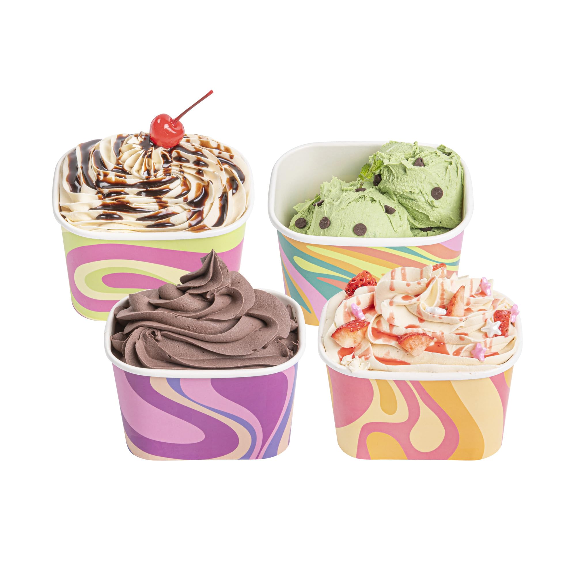 Restaurantware Paper Cups 200 Count 12 Ounce Square Disposable Ice Cream Containers, Leak-Resistant Paper Dessert To Go Cups, Hot And Cold Food, Durable Assorted Groovy Design
