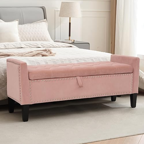Otomana de Terciopelo con Almacenamiento, Banco Tapizado con Botones Capitoné de 45'' al Final de la Cama con Brazos, Banco de Almacenamiento