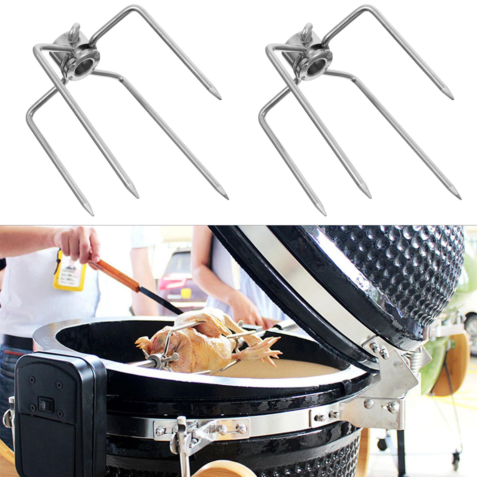 ifundom 2 Stück Edelstahl Grillgabeln Silber mit 2 Gezahnten Spitzen Halten Fleisch Sicher für Drehspieß und Barbecue Grillzubehör