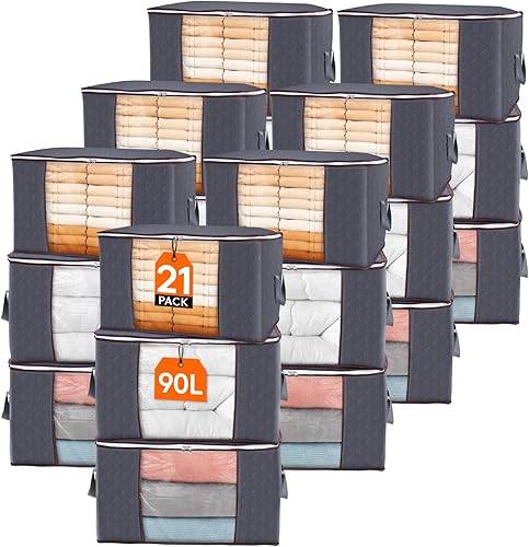 Miniatura 23 de Lifewit Bolsa de almacenamiento de ropa plegable, organizador de armario con asa reforzada, tela resistente, ventana transparente para suéteres, Gris