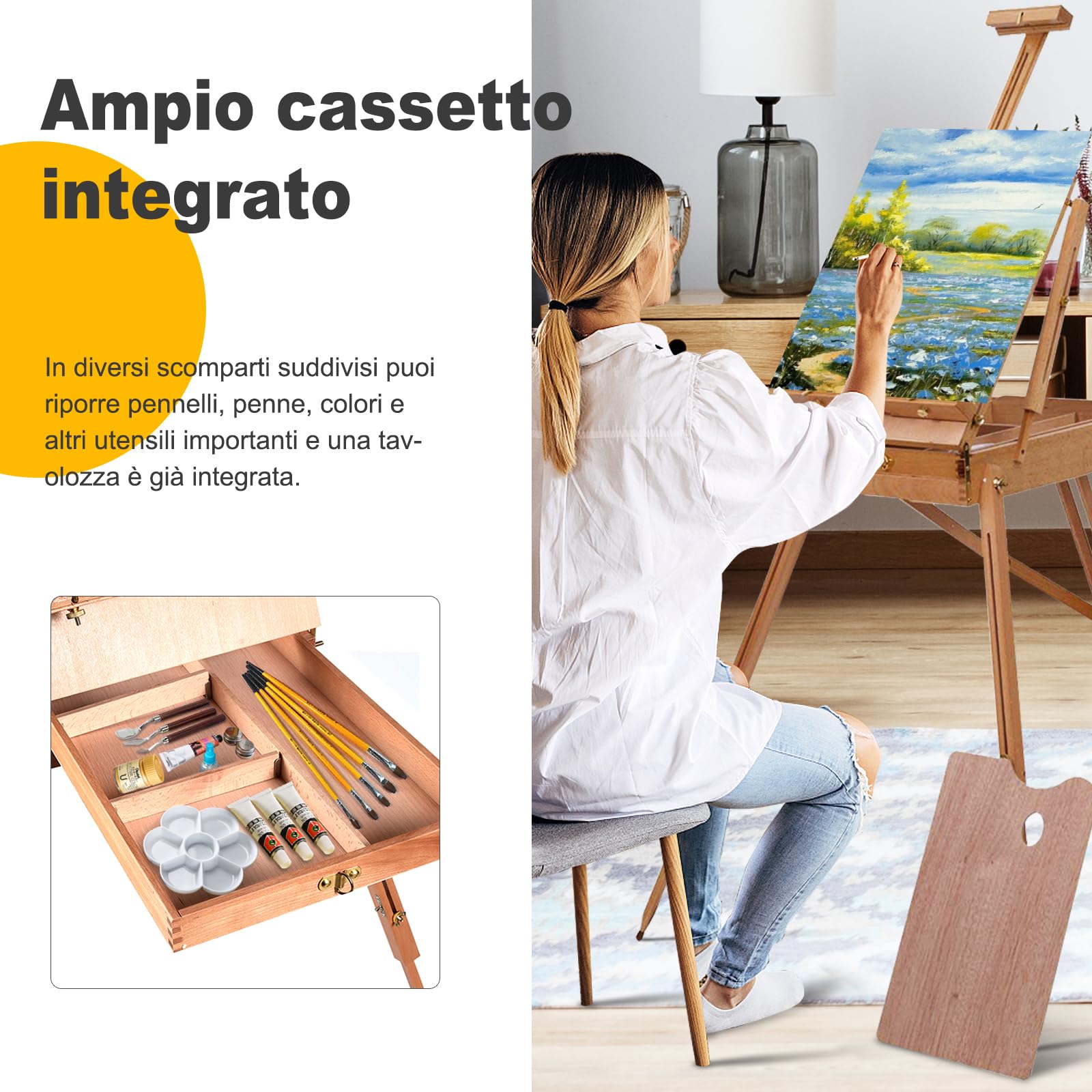 COSTWAY Cavalletto Regolabile Treppiede con Cassetto, Professionale Multiuso per Dipingere e Disegnare, in Legno di Faggio, Altezza Regolabile, 71x114x180cm