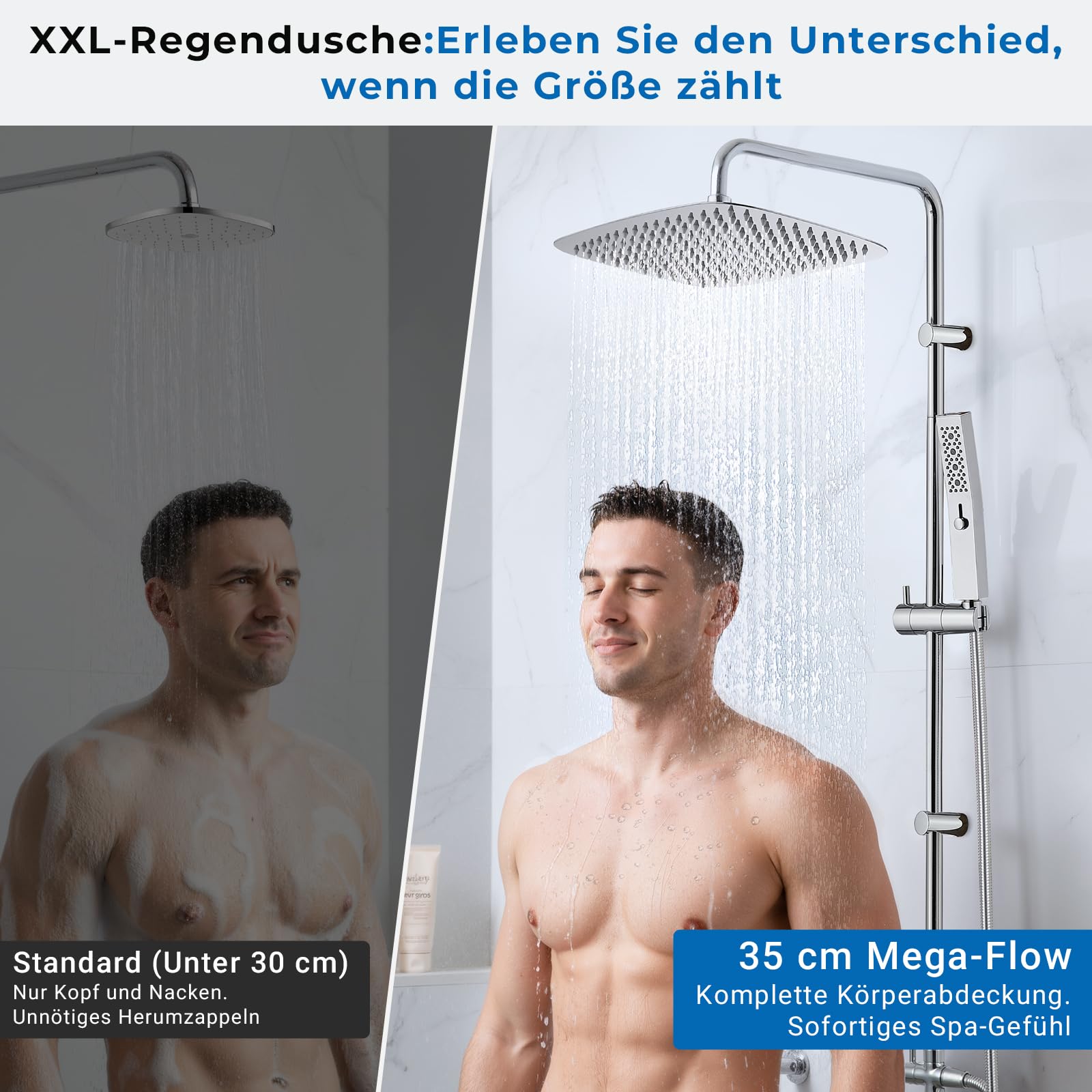 Ganzmetall-Duschsystem mit 35 cm Regendusche | 2-Strahl-Handbrause mit Power-Strahl, an vorhandene Bohrlöcher anpassbar, korrosionsbeständig, ohne Armatur, Chrom