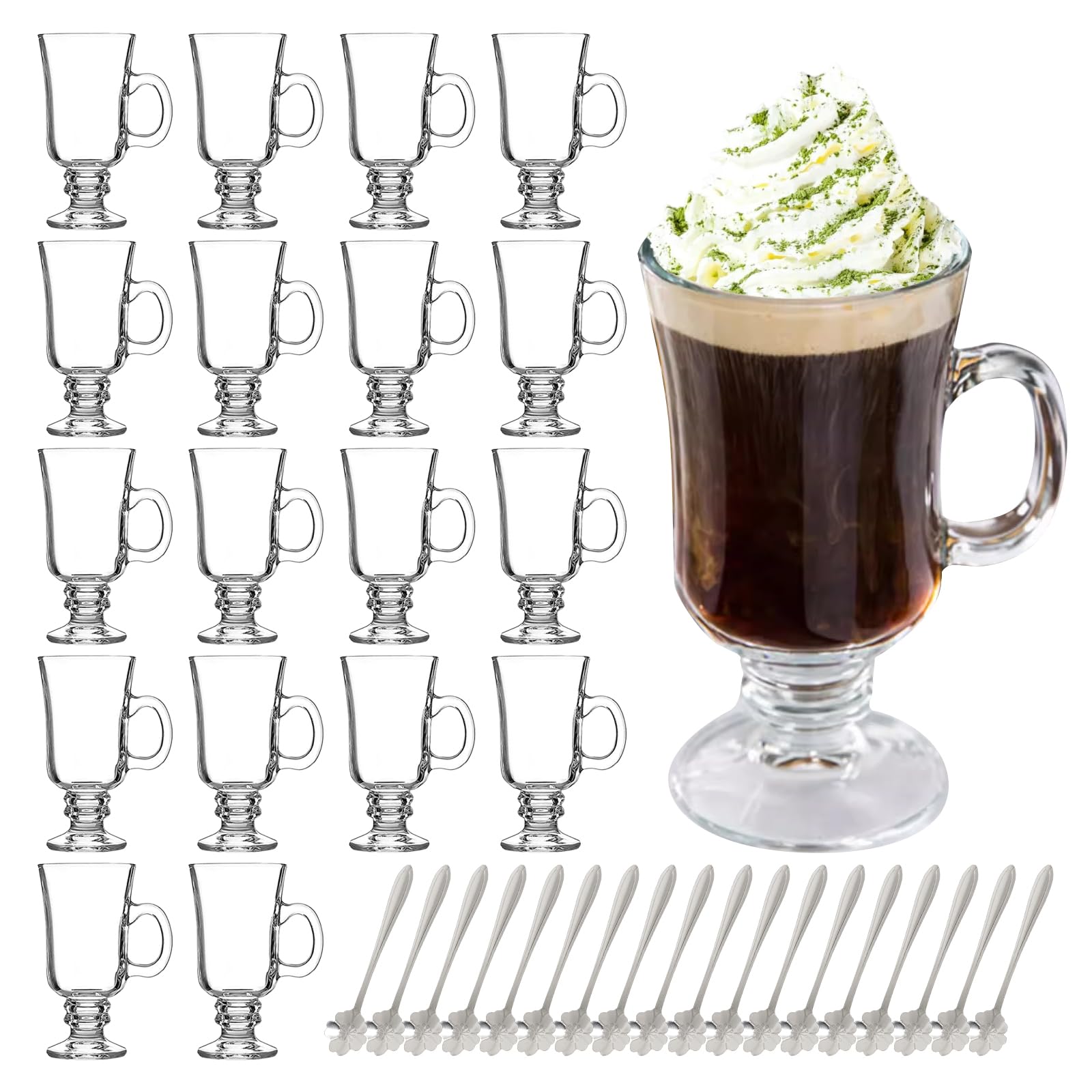 LECEHIVO 18 Pieces Irish Coffee Mugs Bulk with Handle 8.5 oz Clear Glass Mugs with Sakura Shaped Spoons for Espresso Cappuccino Ice Cream Tea for Wedding Graduation Party