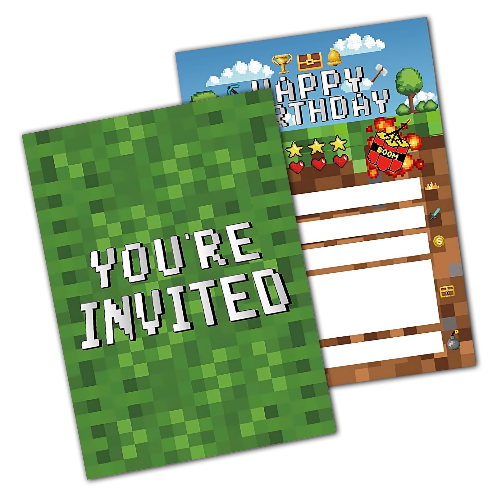 20 Pcs Birthday Party Invitations, Pixel Theme Invite Cards for Kids Teens Adults, Perfect for Birthday Celebrations, Party Supplies