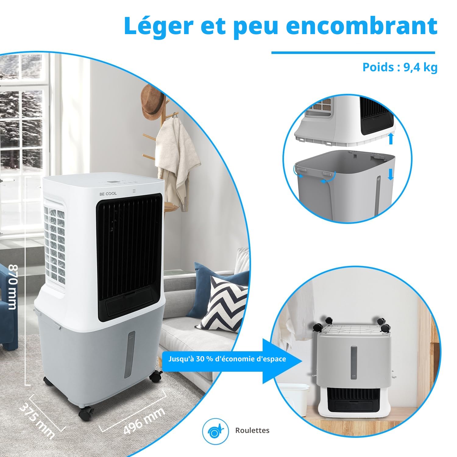 BE COOL BC30ACP2501W Refroidisseur d'air, réservoir d'eau de 30 l, 120 W, contrôle WiFi, circulation de l'air de 1800 m³/h, portée de 15 m, fonction air sec, écran LED, minuterie, télécommande
