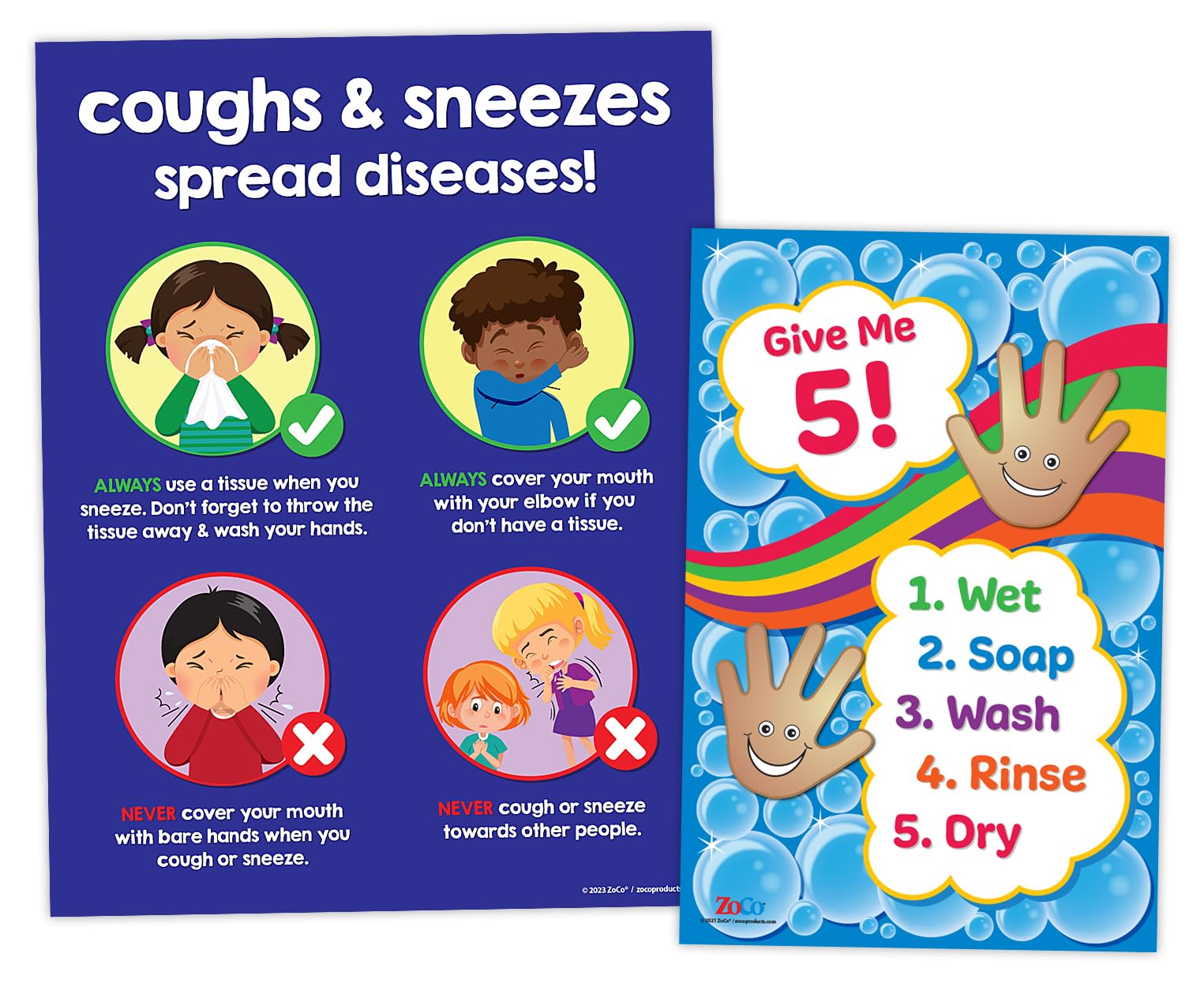 ZOCO – Kids Hygiene Posters (2-Pack) – Give Me 5 Handwashing 12x18 & Cover Your Cough 17x22 – Laminated School Nurse Office Decor – Preschool, Daycare