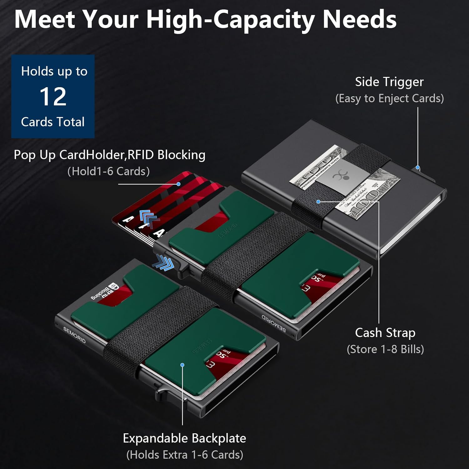 Slim Aluminum Card Holder Wallet for Men, Durable Expandable Backplate, RFID Blocking Minimalist Metal Pop Up Wallet, Holds 12+ Cards Plus Cash - Image 5