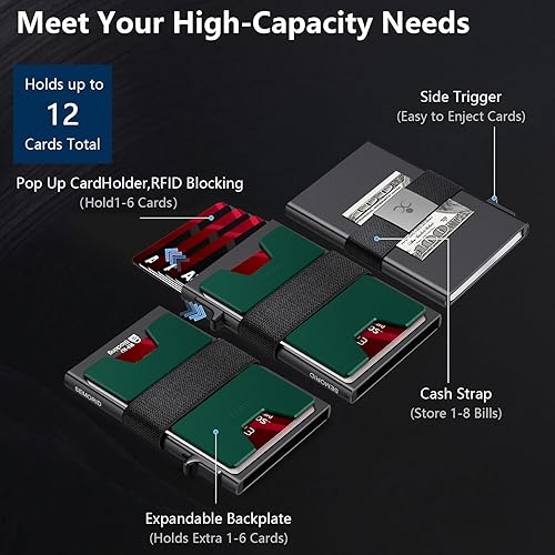 Miniatura 83 de Cartera delgada de aluminio para hombre, placa trasera expandible duradera, bloqueo RFID, billetera desplegable de metal minimalista, con capacidad