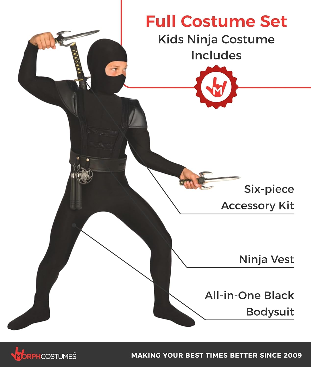 Morph Ninja Costume Kids, Ninja Costume with Accessories, Ninjas Costumes Boys, Halloween Costumes for Boys
