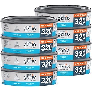 Diaper Genie Essentials Round Refill 8-Pack | Holds Up to 2560 Newborn Diapers | Features Unscented Continuous Film | Compatible with Diaper Genie Complete and Expressions Pails,8 Count (Pack of 1)