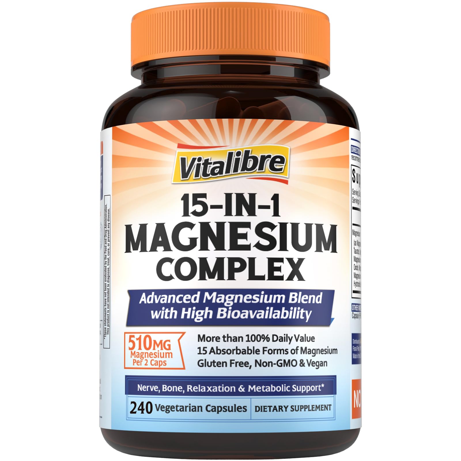 Photo 1 of Vitalibre 15 in 1 Magnesium Complex Supplement 510mg | Maximum Absorption Glycinate, Malate, Taurate, Citrate and More for Bones, Heart, Recovery, Energy | Non-GMO, 240 Capsules