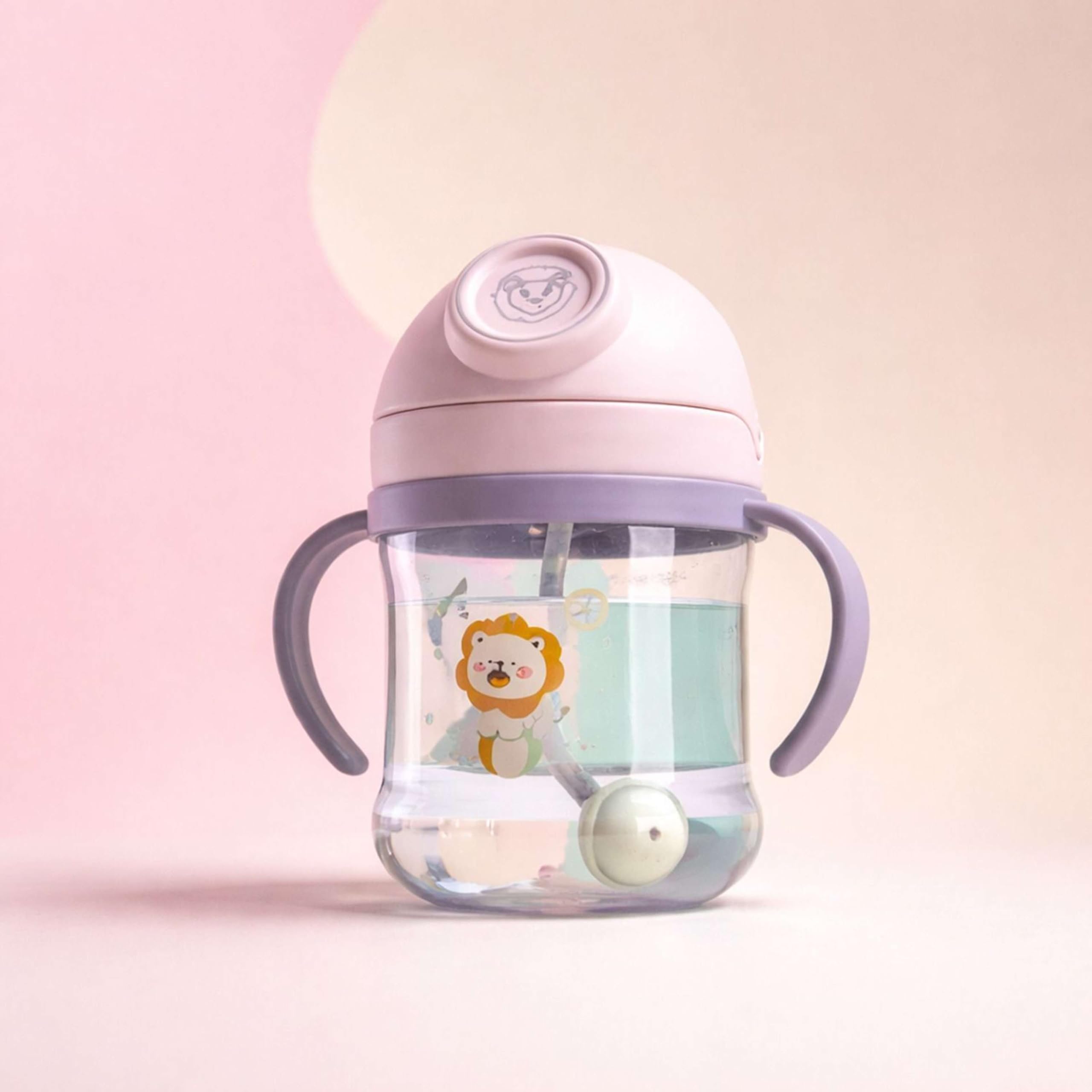Baby Sippy Cup with Straw and Dual Handles, Lion Print | Weighted Straw Ball, Leak-Proof Lid, Easy Grip Handles, Toddler Training Cup, Clear Body-picture-30