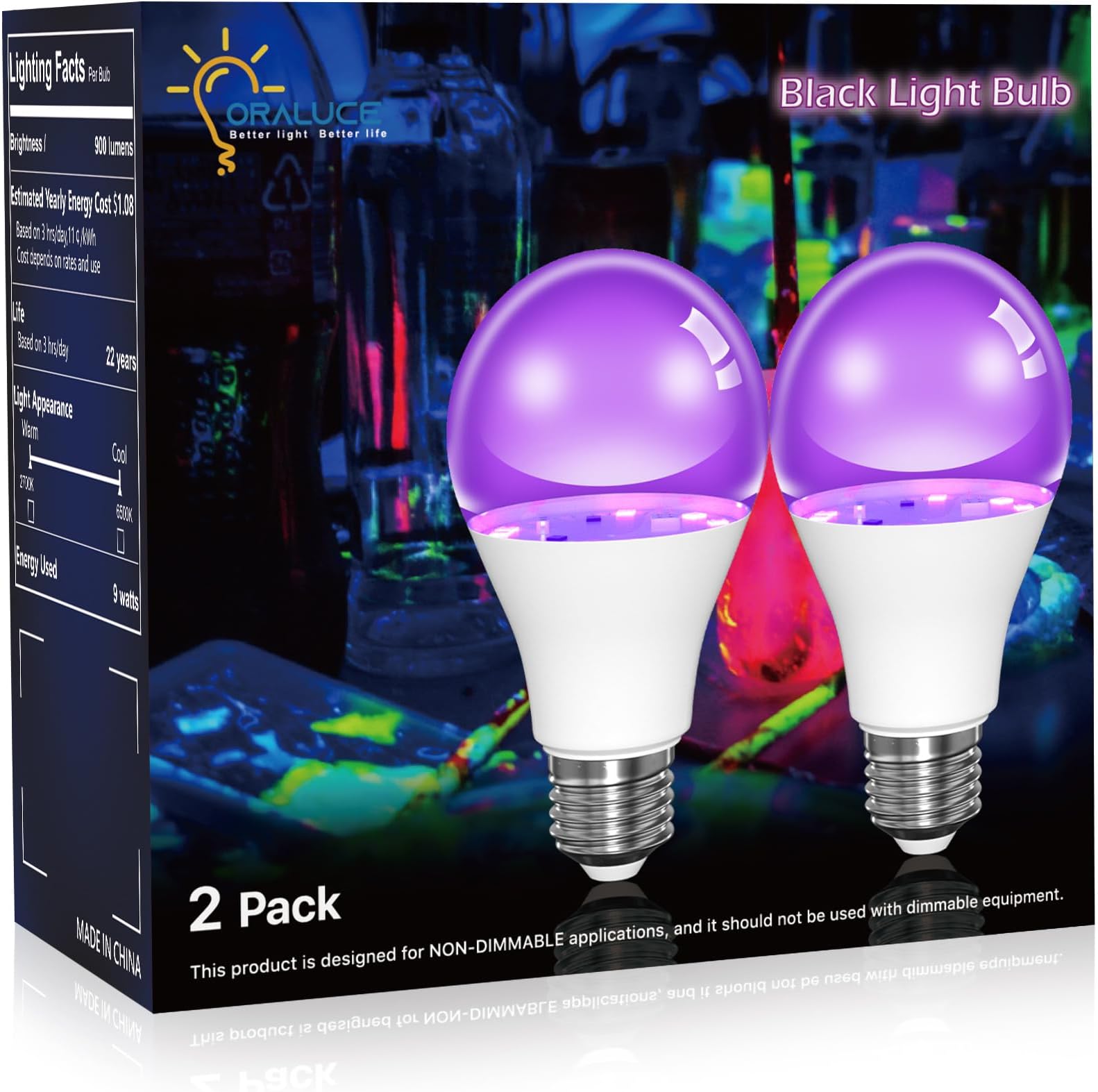 ORALUCE LED Black Light Bulb, 60 Watt Equivalent，A19 UV Light Bulb UVA ...