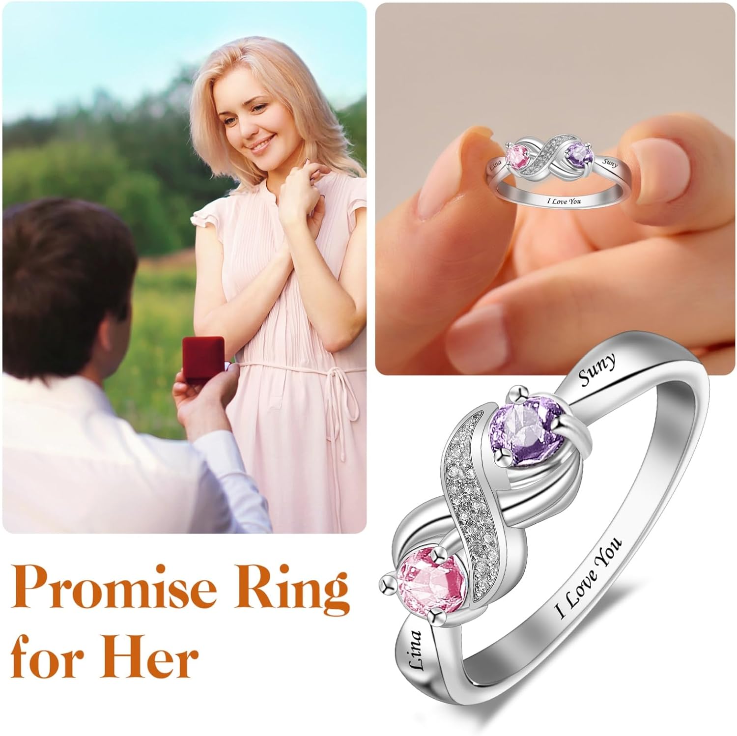 Sterling Silver Personalized 2 Birthstones Rings for Women Custom Name Engraved Promise Rings with 2 Birthstones Jewelry Gifts for Mom,Wife,Girlfriend
