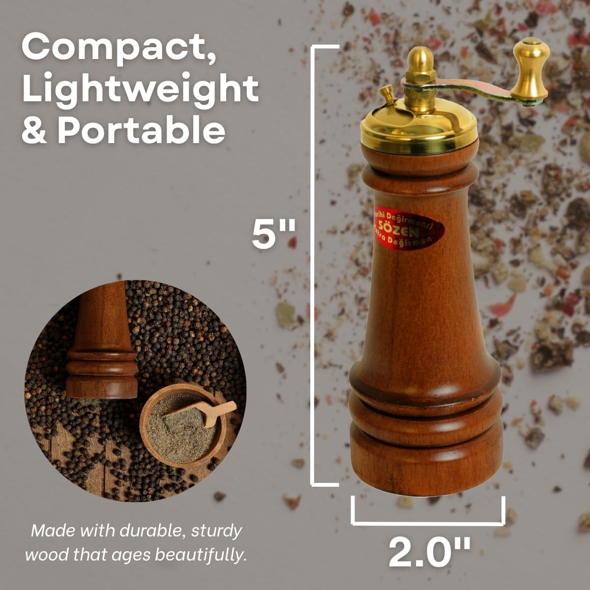 Sozen - Macinapepe manuale in legno, 12,7 cm, fatto a mano, con macina in acciaio inox, portatile, per pepe nero, sale, pepe e altre spezie