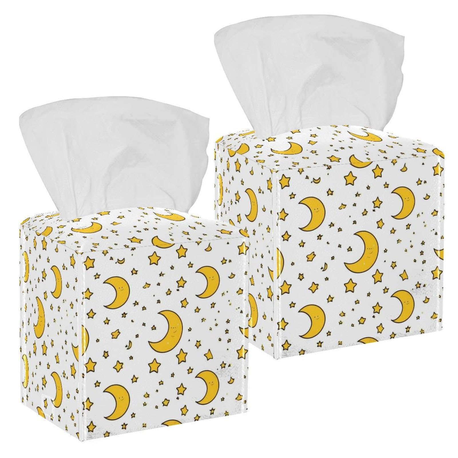 Stars and Moon Tissue Box Cover, 2 Pack PU Leather Square Facial Tissue Dispenser Box holder for Home Office Car