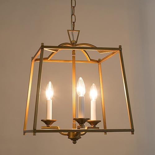 Miniatura 9 de KSANA Candelabro de farol dorado, iluminación colgante dorada para isla de cocina con acabado dorado antiguo, lámpara colgante de vestíbulo para