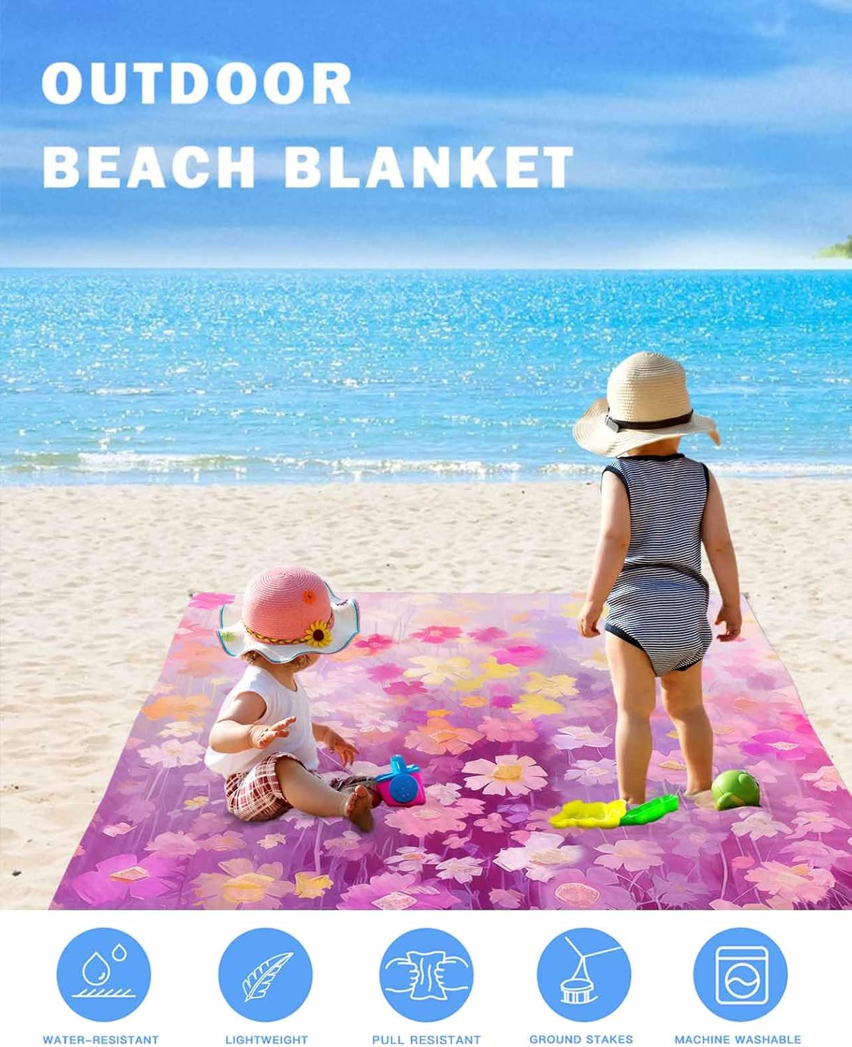 Beach Blanket Waterproof Sandproof Beach Mat,Watercolor Purple Gradient Floral Blossom Picnic Blankets with Sand Pockets and Stakes,Pastoral Flower Oil Painting Outdoor Pad for Seaside 118x108In