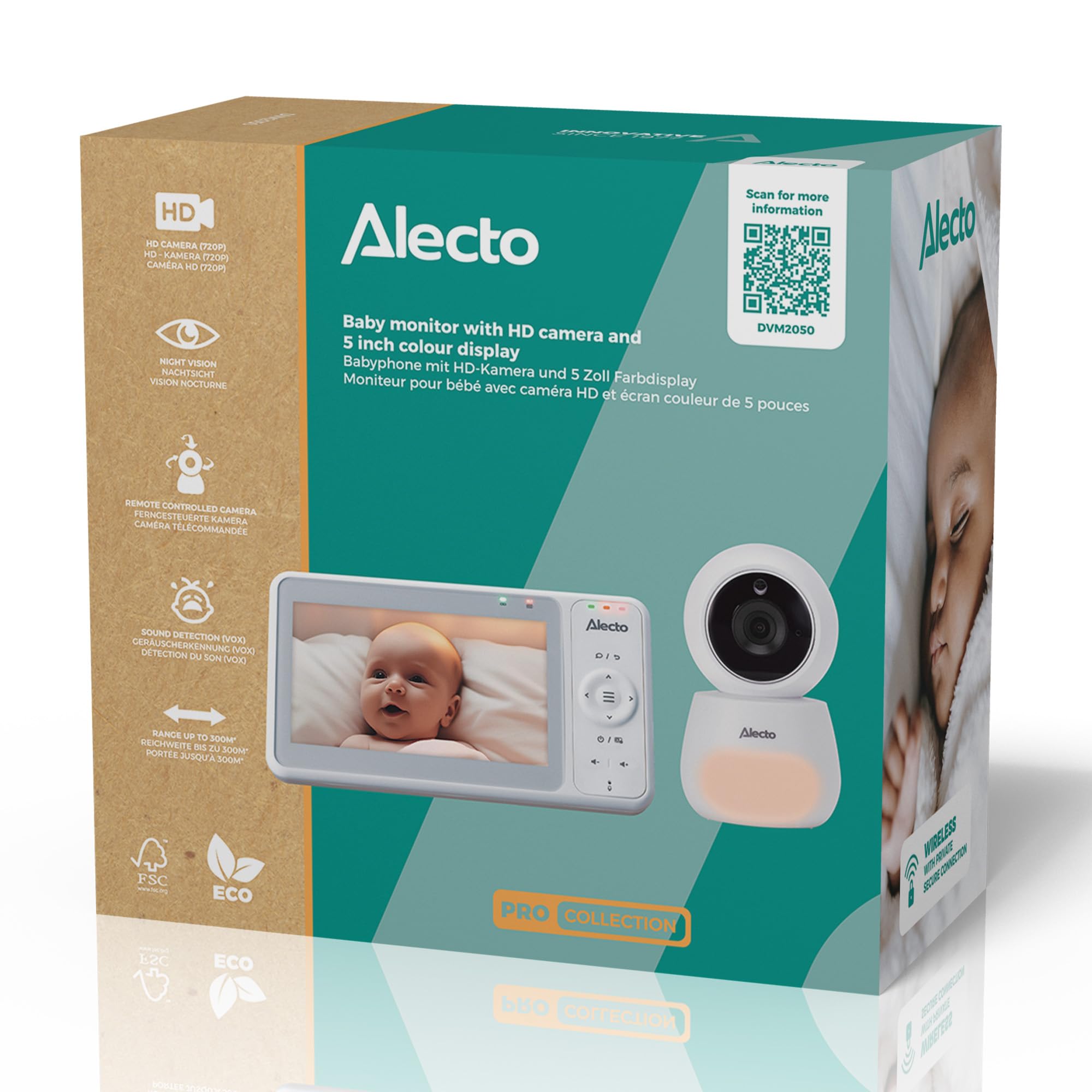 Alecto DVM2050 - elektroniczna niania z kamerą HD, dużym kolorowym wyświetlaczem o przekątnej 5 cali i lampką nocną - zdalnie sterowana - biała