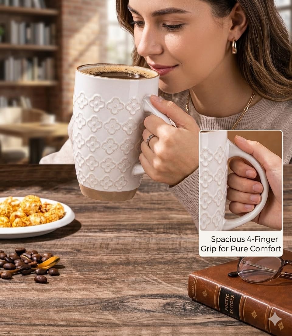 GBhome 20oz Large Coffee Mugs Set of 6, Handmade Tall Ceramic Coffee Mugs with Texture Patterns for Cappuccino, Latte,Hot Cocoa, Dishwasher & Microwave Safe-Off White