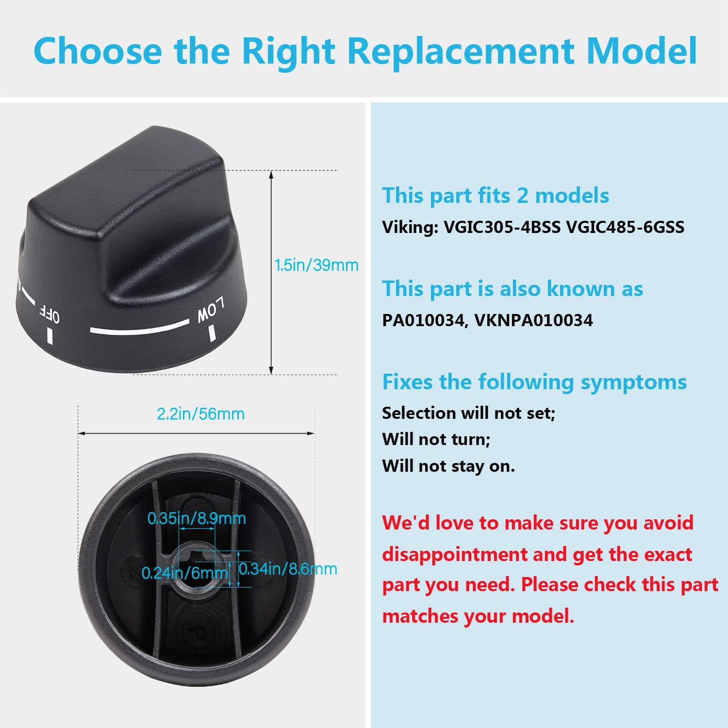 Image showing the dimensions of the PA010034 knob and its D-shaped shaft opening, along with compatible Viking range models VGIC305-4BSS and VGIC485-6GSS.