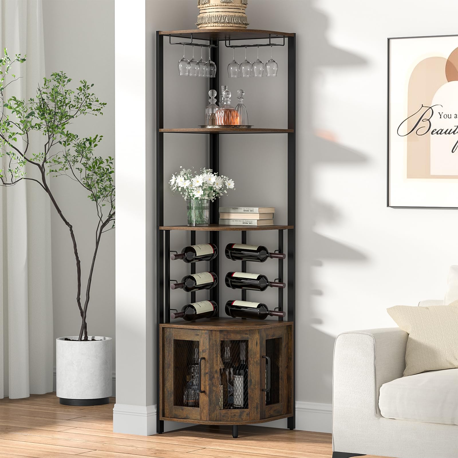 Mobile Bar Angolo con Portabicchieri, Armadio per Liquori e Vino a 4 Livelli con Porte in Rete Metallica, Armadio Buffet Portabottiglie con Kit Antiribaltamento per Bar a Casa, Conservazione