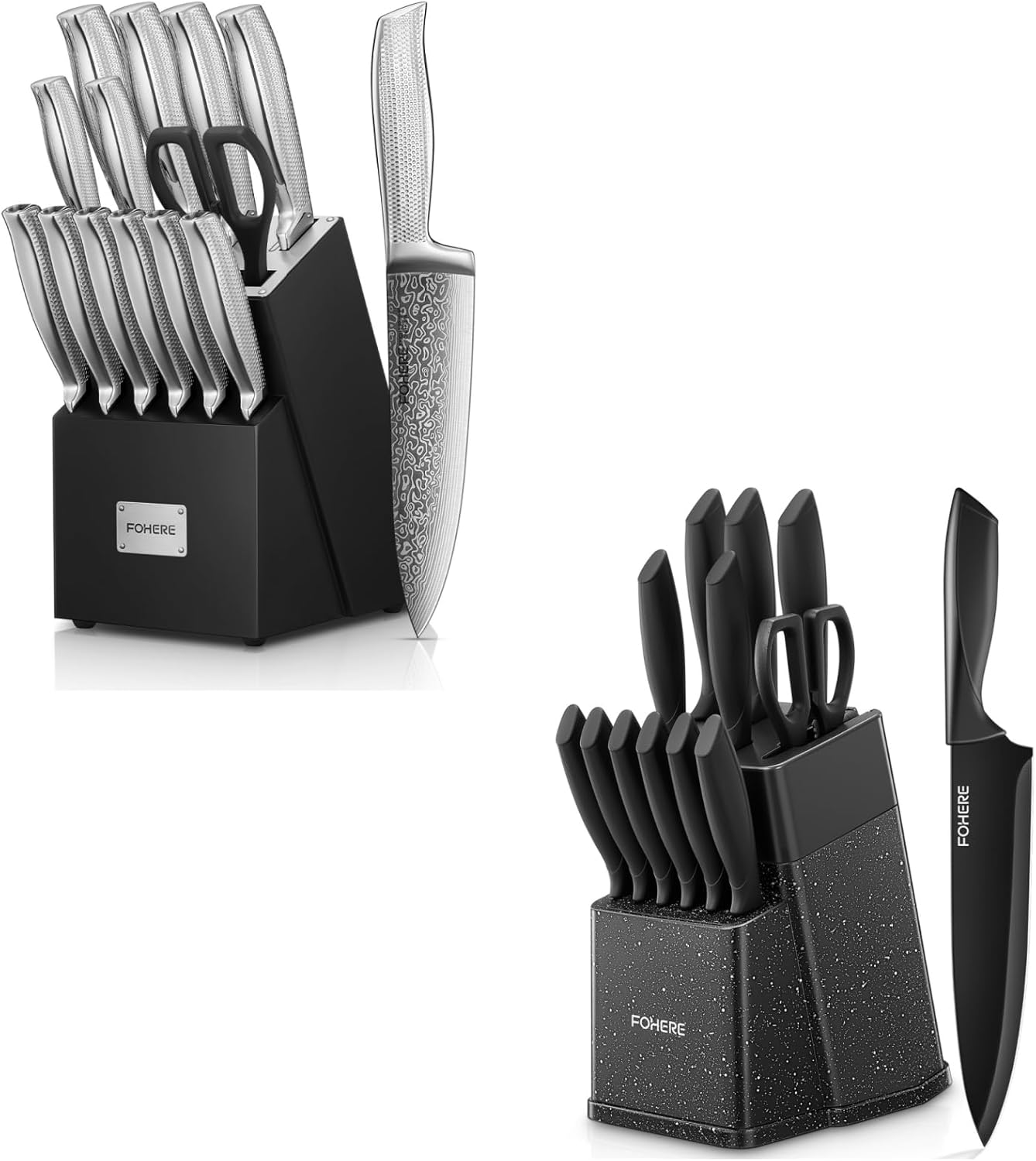 Knife Set with Advanced Self Sharpening Technology, 14 Pieces Waved Texture Kitchen Knife Set and 13 Pcs Self Sharpening Knife Block Set, Stainless Steel BO Oxidation