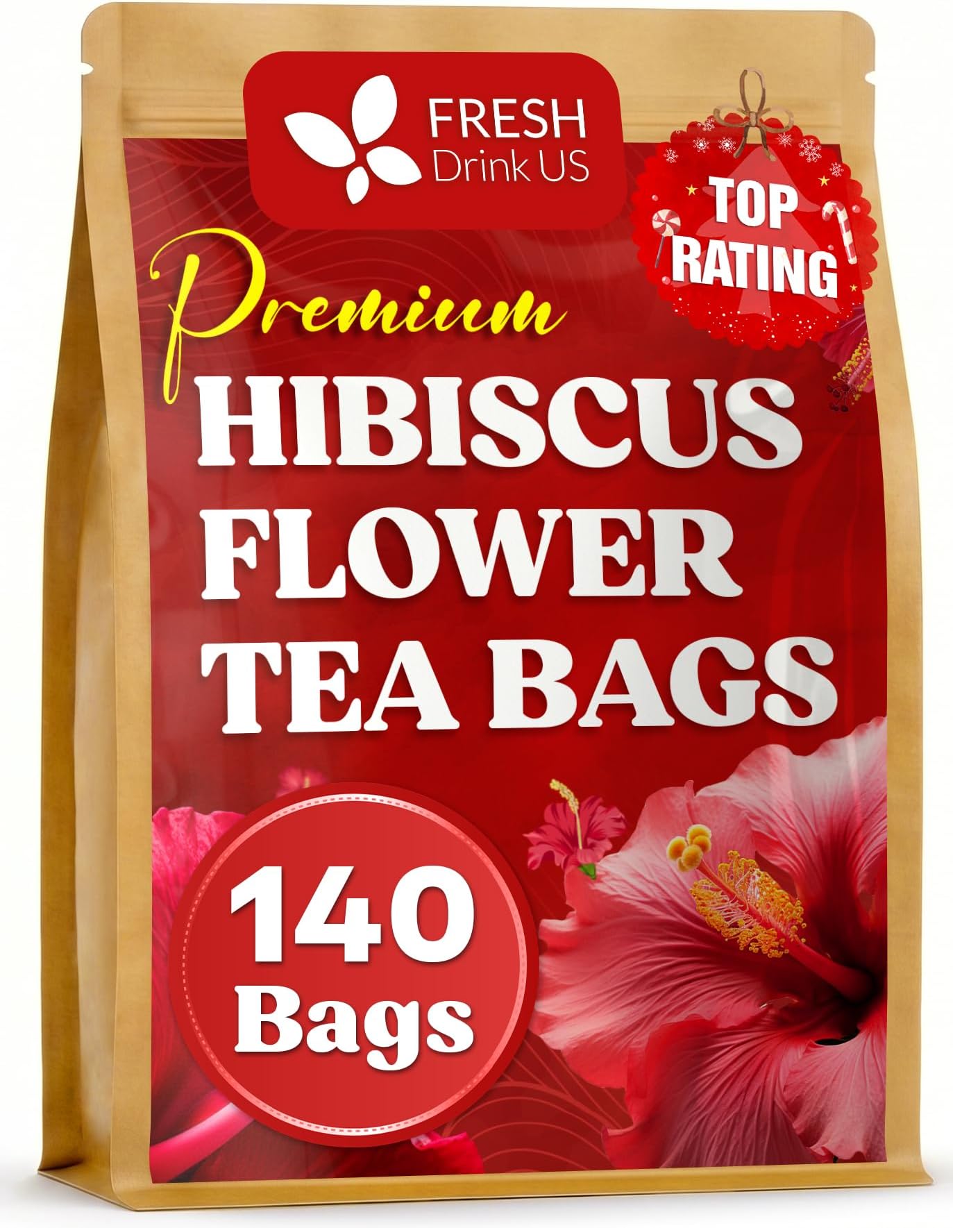 FreshDrinkUS, 140 Bags Hibiscus Flowers Tea, 100% Natural and Pure. Loose Flower Hibiscus Herbal Tea. Hibiscus Flower Tea. No Sugar, No Caffeine, No Gluten, Vegan.