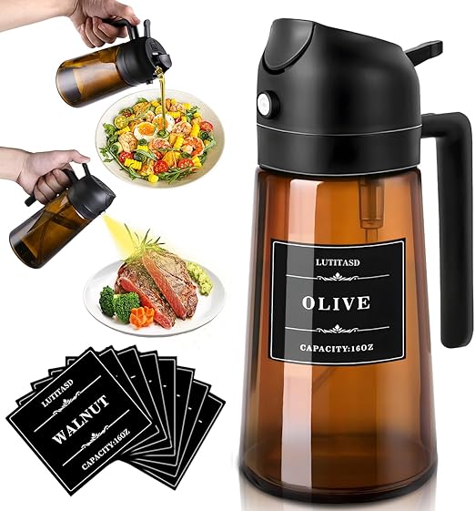 Olive Oil Sprayer for Cooking 2 in 1 - Oil Dispenser with Spray and Pour, 16oz/470ml Brown Oil Spray Bottle for Kitchen, Air Fryer, Salad, BBQ (Black)