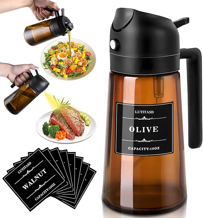 Olive Oil Sprayer for Cooking 2 in 1 - Oil Dispenser with Spray and Pour, 16oz/470ml Brown Oil Spray Bottle for Kitchen, Air Fryer, Salad, BBQ (Black)