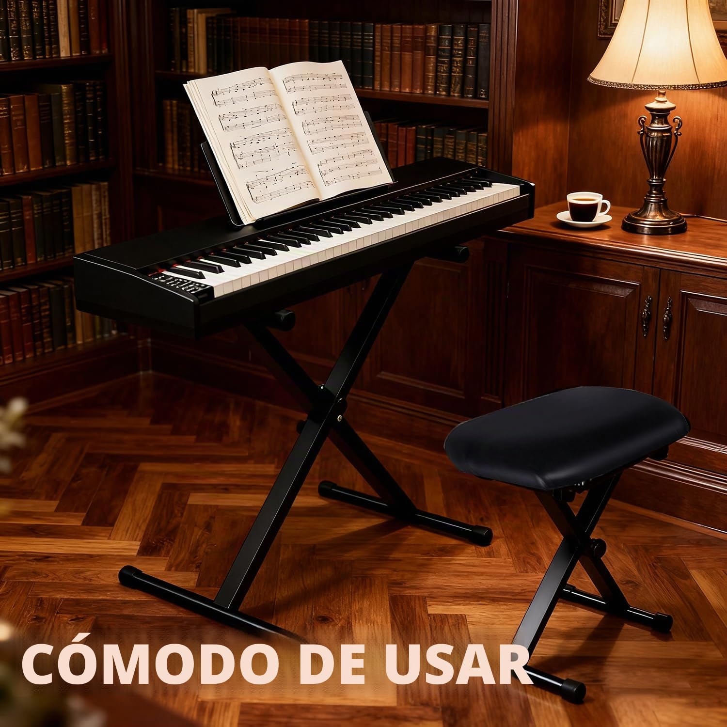 Taburete de Piano y Soporte para Teclado, soporte teclado piano， Juego de Taburete para Piano Plegable, X Ajustable en 7 Alturas，Teclado Acolchado Ajustable en 4 Alturas